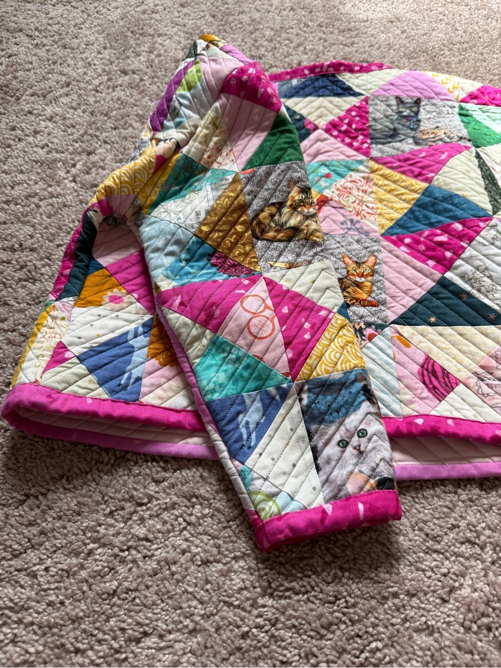 Girls handmade Colorful Triangle Patchwork Quilted Jacket with Kitty cat print - Picture 9 of 13